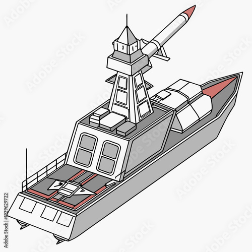 Gray military ship with missile launcher white