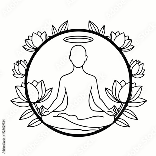 Meditating person with halo and lotus flowers, symbolizing peace, enlightenment, and spiritual well-being in a circular frame.