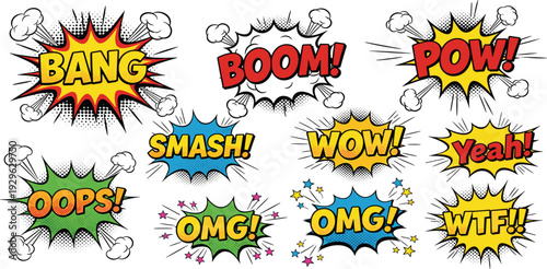 Comic Speech Bubble Explosion Set with Bang Boom Pow Wow and Pop Art Sound Effect Text for Comics Posters and Retro Designs