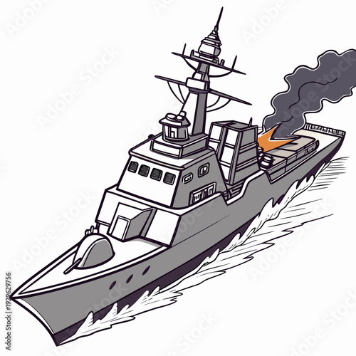 Gray warship with smoke and fire on deck missile guided missile