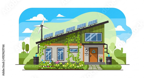 Eco friendly house with solar panels and wind turbine in green landscape