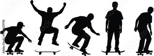 Skateboarder performing jump trick silhouettes, dynamic street skateboarding action poses, extreme sport vector illustration collection