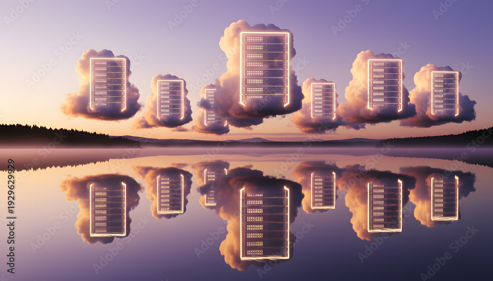 Fototapeta premium Surreal Cloud Migration: Giant Soft Cumulus Clouds Shaped as Server Racks Floating Over Calm Reflective Lake at Dawn, B2B Cloud Tech Concept