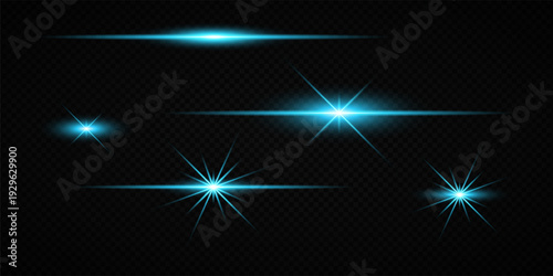 Colorful Star Light Effect Collection with Blue, Golden, and Yellow Glowing Starlight Sparkle Rays and Lens Flare Illumination on Transparent Background