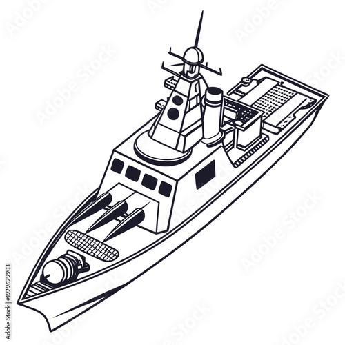 Black and white of naval strike ship with missile launcher