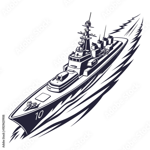 Contemporary naval missile cruiser speeding through water