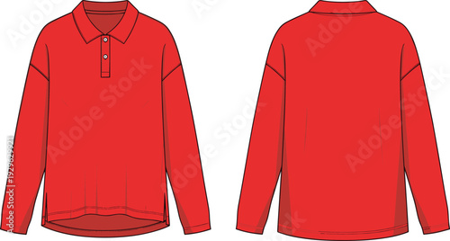 Red long sleeve polo shirt technical drawing, front and back view of oversized fashion top, flat vector apparel template, clothing