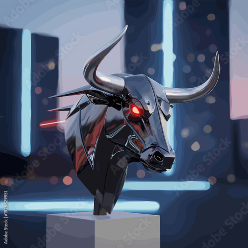 Metallic futuristic bull head bust with glowing red eyes in a cyber city at night