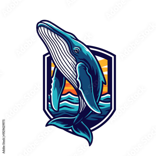 Majestic blue whale leaping from ocean waves with a vibrant sunset background inside a shield emblem