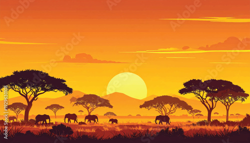 Elephant herd crossing vibrant twilight plains. Golden savannah panorama with dramatic sky. Wild mammal migration scene under radiant sundown
