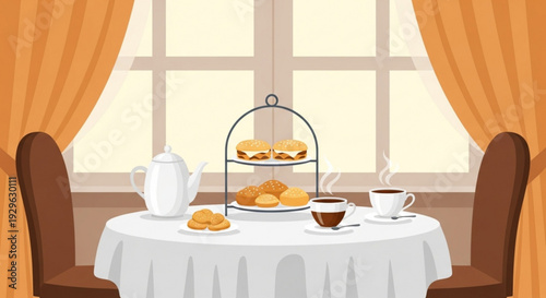 Cozy breakfast table with pastries tea and coffee by window