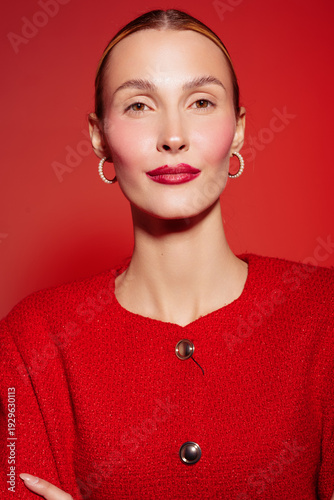 Fotografía Confident woman with slicked back hair wearing red sweater and hoop earrings poses against red background