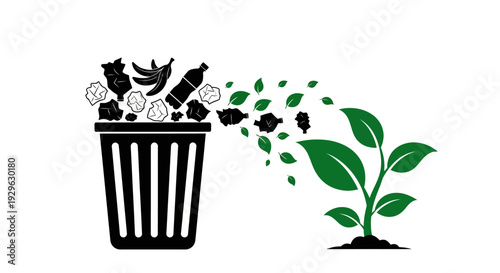 Trash Can Transforming into Green Plant.