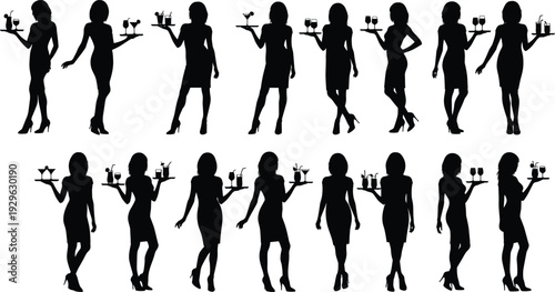 Waitress silhouette collection with women in dresses carrying cocktail trays and drinks isolated on white background vector illustration for service,