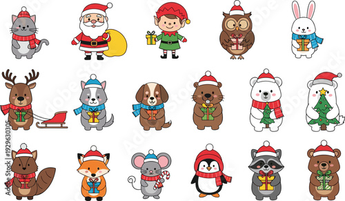 Cute Christmas Animals Characters with Santa Hats Cartoon Vector Set