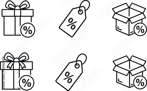 Discount and Special Offer Line Icon Set with Gift Box, Price Tag and Sale Package Symbols