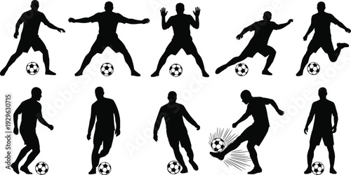 Soccer player silhouettes dribbling and kicking ball, dynamic football action poses, professional sport vector illustration collection