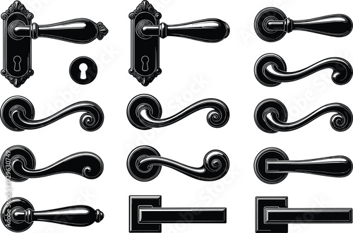 Set of black silhouette icons featuring various vintage and modern door handles and lever styles for interior design and hardware.