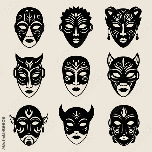 Set of 9 black tribal masks vector