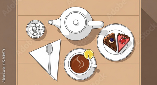 Breakfast table setting with tea coffee cake and dessert on a wooden table