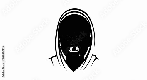 Stylized black and white graphic of a person wearing a hood, with visible facial features