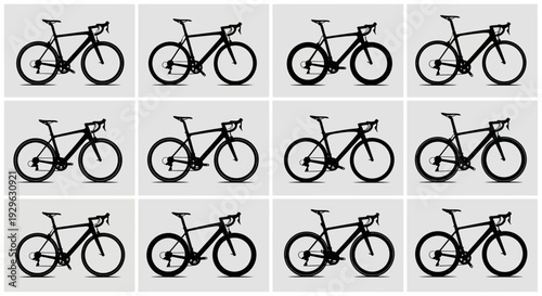 Set of 12 black road bike vector icons