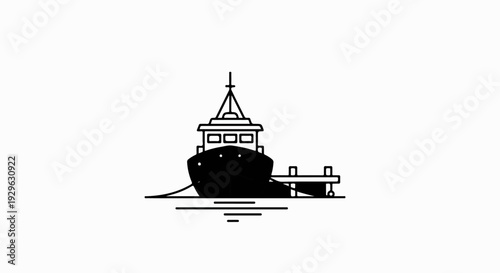 Stylized black and white illustration of a cargo ship docked at a pier
