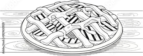 A freshly baked pie with a woven crust rests on a wooden surface