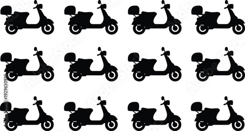 Delivery scooter silhouette icon set, courier moped transport vehicle vector illustration isolated black urban logistics design collection