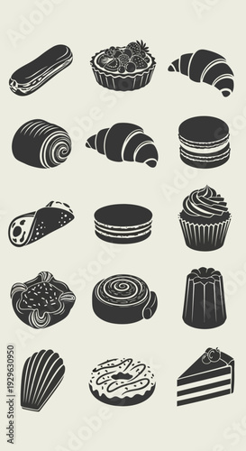 Set of 15 Black and White Bakery Pastry Icons Vector