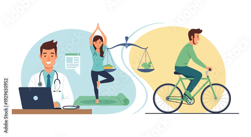 Integrated Holistic Health & Wellness Concept: Medical Advice, Yoga, Nutrition, and Active Lifestyle for Balance