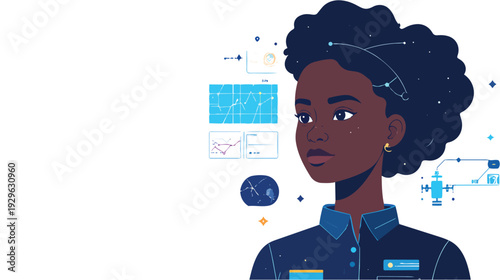 Confident female scientist analyzing data and space charts, flat vector illustration of African woman in STEM with astronomy, research and technology interface elements.
