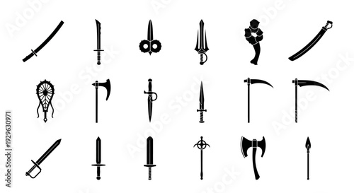 Set of 20 black sword and weapon icons vector