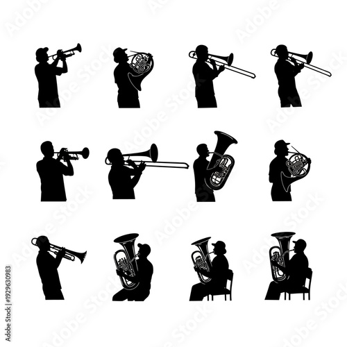 Set of 12 brass instrument player silhouettes vector