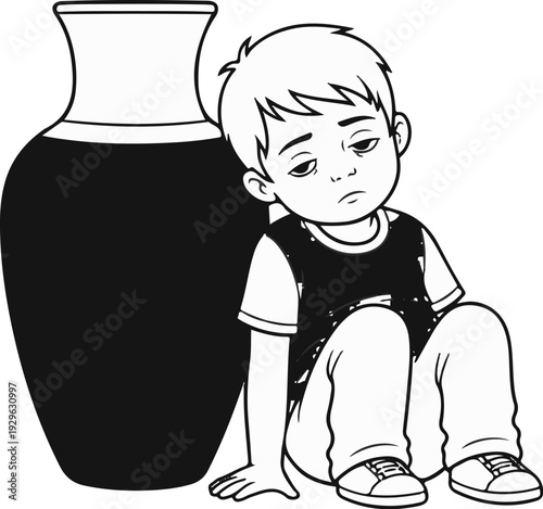 Sad boy sits slumped by a large dark vase