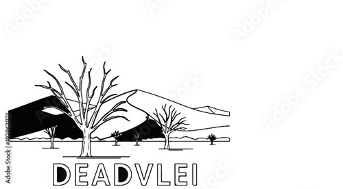 Stark, leafless trees dot a desolate desert landscape with sand dunes