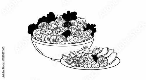 A vibrant salad and colorful fruit medley served in bowls