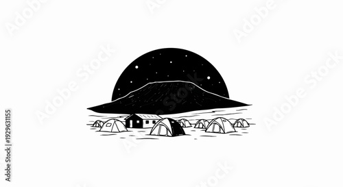 A minimalist black and white illustration of a campsite below a starry night sky and mountain