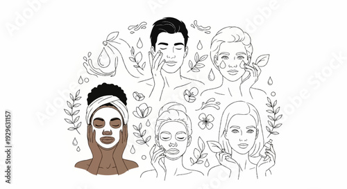 Diverse faces embracing skincare routines with botanical elements