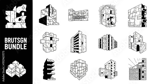 Stylized, abstract stone structures with a gritty, rough texture and sharp edges