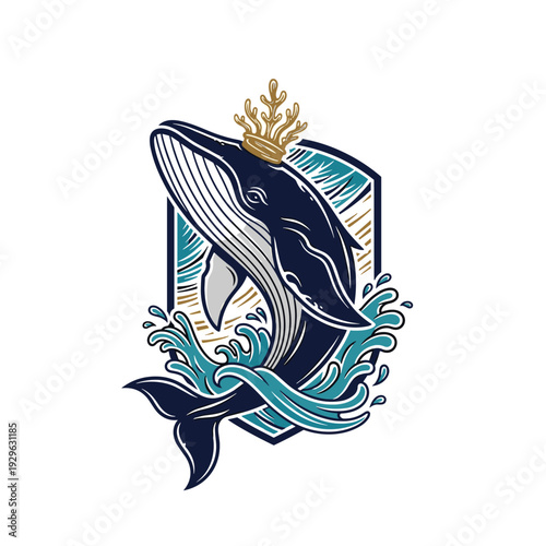 Majestic whale with a golden coral crown leaping from stylized ocean waves