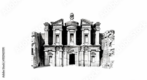 Ornate ancient facade carved directly into rock, with weathered columns and entryway