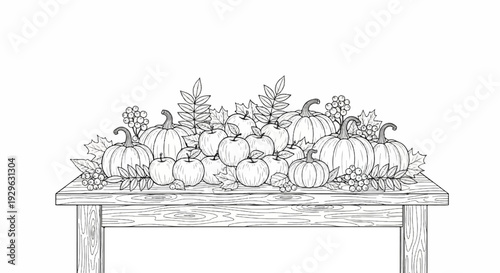 A rustic wooden table displays a bountiful harvest of pumpkins and apples with autumn leaves