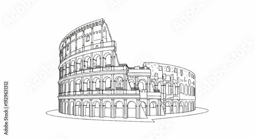 A detailed line drawing sketch of a grand ancient amphitheater with multiple levels of arches