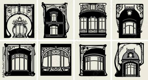 Set of 8 Art Nouveau building windows vector