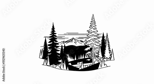 Stylized silhouette of a forest scene with mountains and water