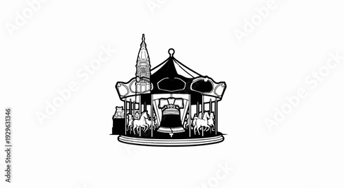Ornate carousel with horses, bell, and historic tower illustration