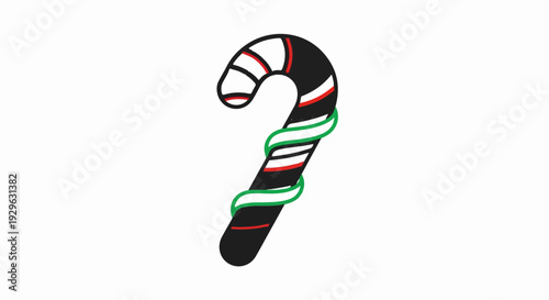 A black candy cane with white, red, and green stripes, twisted with green ribbon