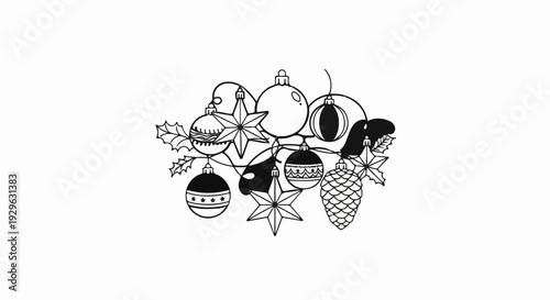 Festive line art display of hanging Christmas ornaments, stars, and pinecones