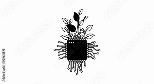 A black computer chip with green leaves and sprouts emerging from it
